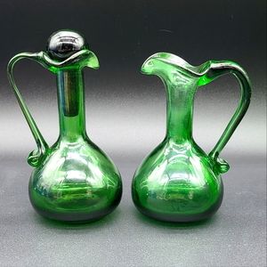 Vintage Two Green Glass Decanter/Cruet